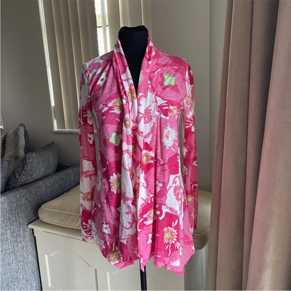 Lilly Pulitzer Cherry Begonia Floral Hot Pink Cardigan Open Front S - Picture 2 of 5